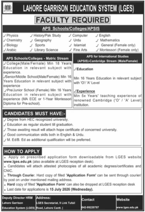 Lahore Garrison Education System LGES Jobs 2026 — original advertisement