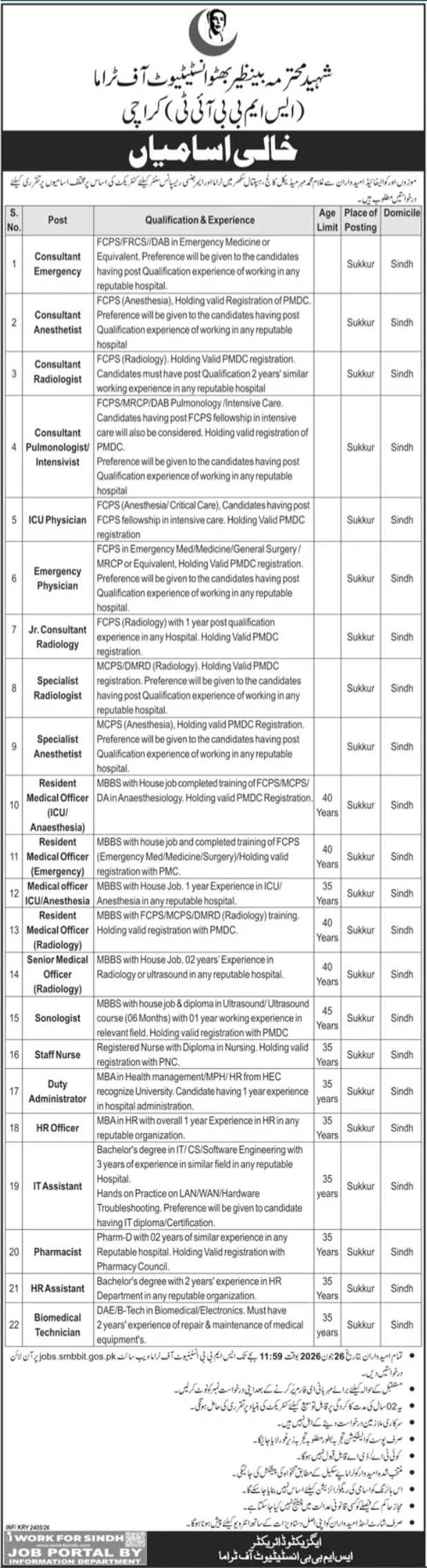 Benazir Bhutto Institute Of Trauma SMBBIT Jobs 2026 — original advertisement