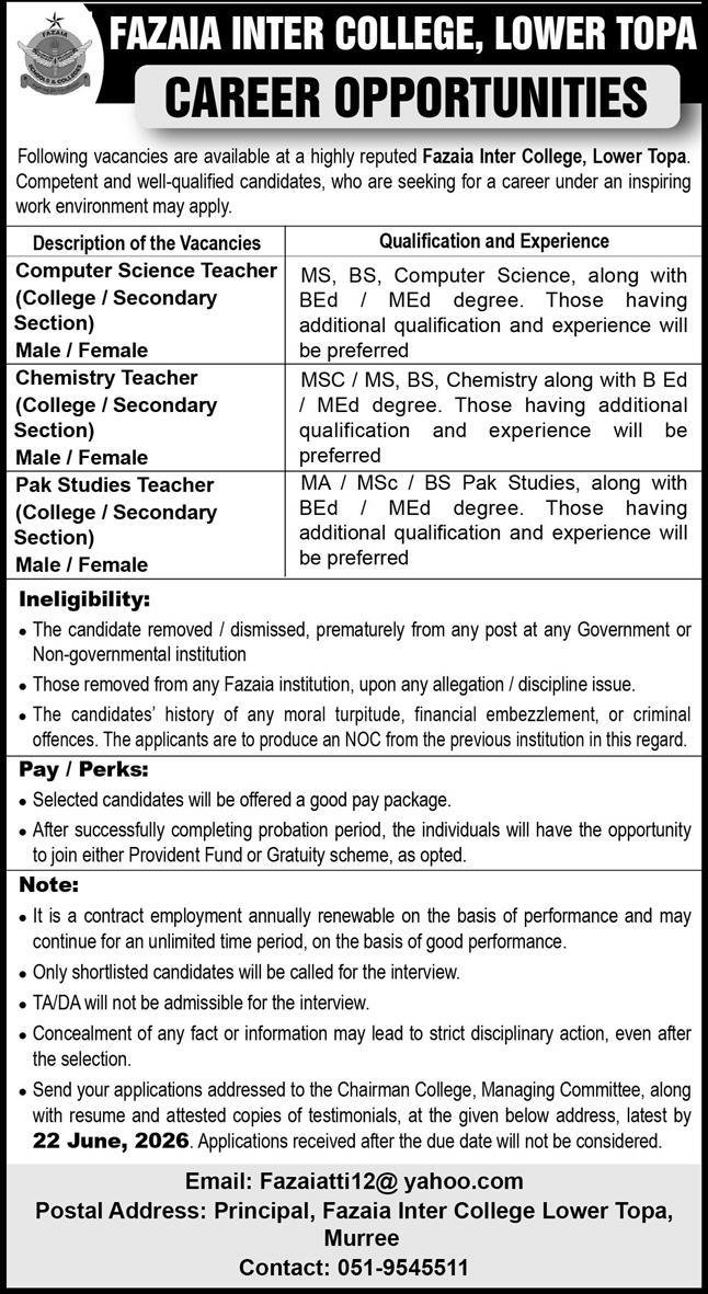 Fazaia Inter College Lower Topa Jobs 2026 — original advertisement