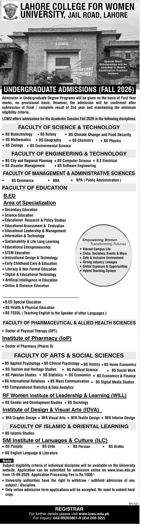 Admission Open in Lahore College for Women University 2026 — original advertisement