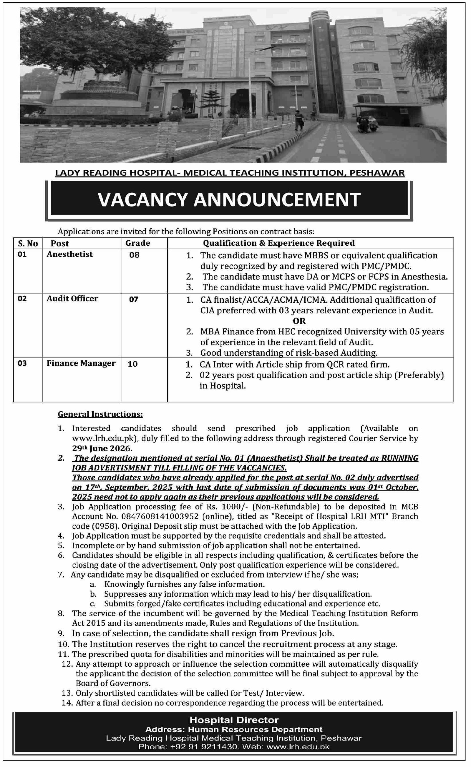 Lady Reading Hospital Medical Teaching Institution Jobs — original advertisement