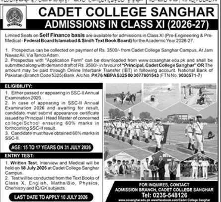 Admission Open Cadet College Sanghar Sindh 2026 — original advertisement