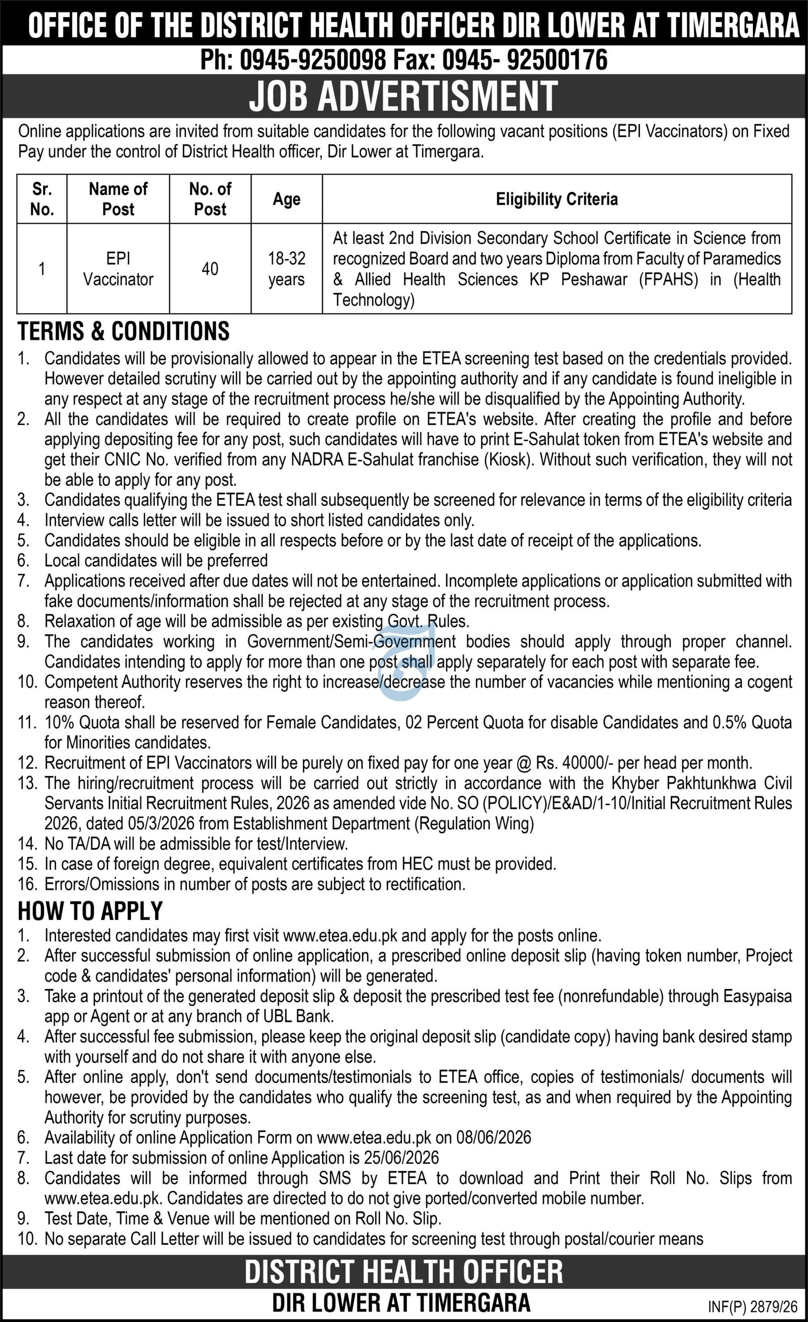 District Health Officer Dir Lower at Timergara Jobs 2026 — original advertisement