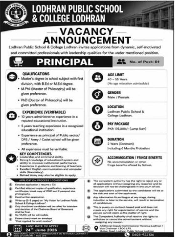 Lodhran Public School & College Lodhran Job 2026 — original advertisement