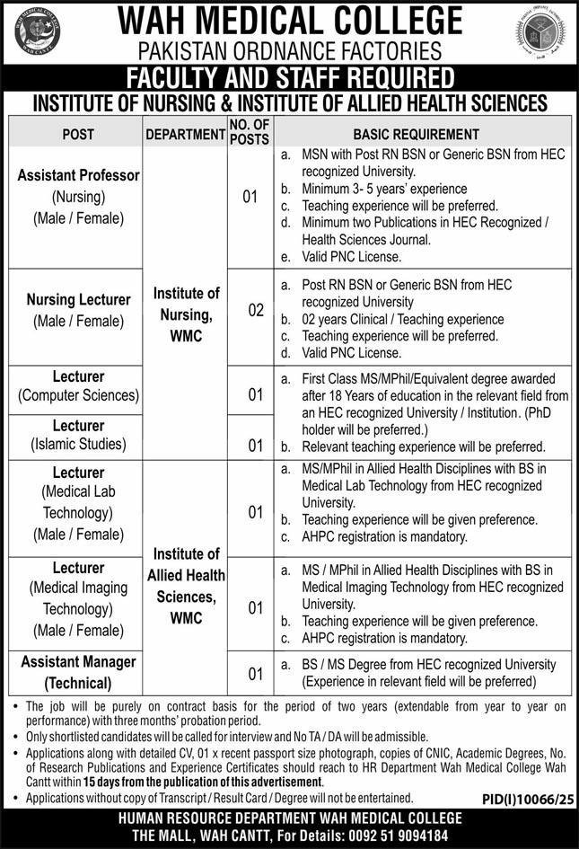 Wah Medical College POF Wah Cantt Jobs 2026 — original advertisement