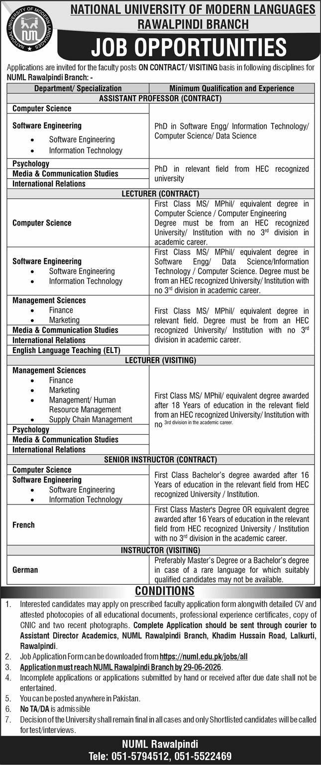 NUML University Rawalpindi Branch Jobs 2026 — original advertisement