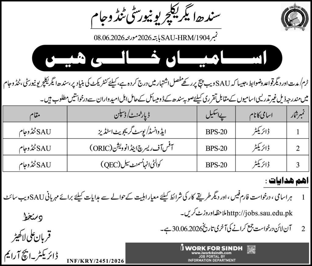 Sindh Agriculture University SAU Tando Jam Jobs 2026 — original advertisement