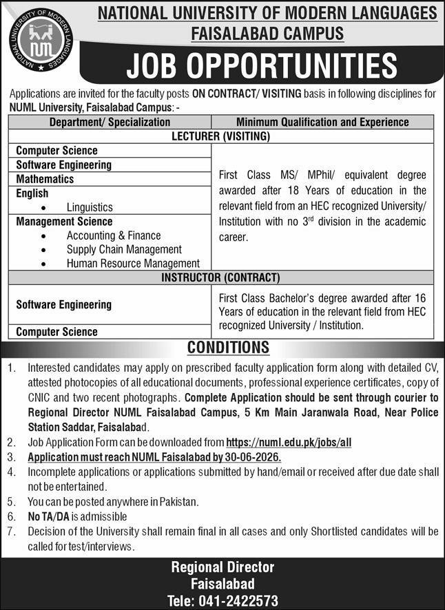 NUML University Faisalabad Campus Jobs 2026 For Lecturers — original advertisement
