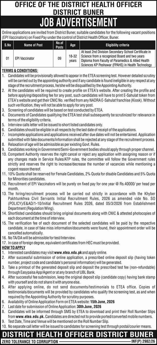 Health Department Buner Jobs 2026 For EPI Vaccinator — original advertisement