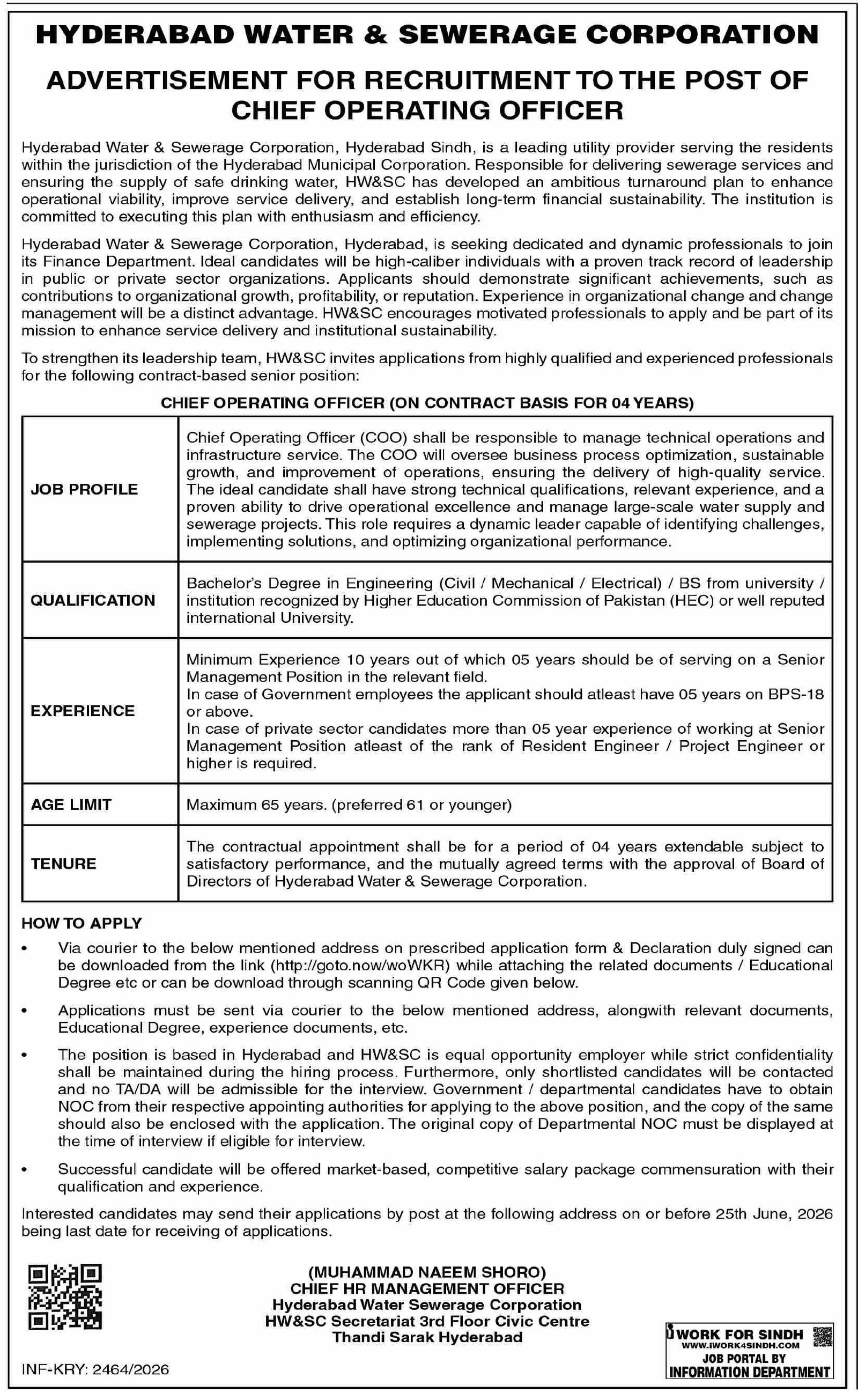 Hyderabad Water & Sewerage Corporation Job 2026 — original advertisement