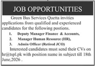 Green Bus Services Quetta Jobs 2026 — original advertisement