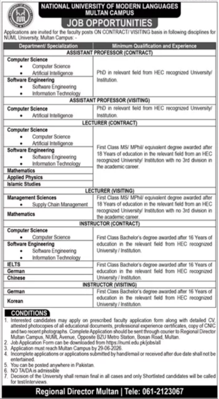 National University Of Modern Languages NUML Multan Jobs — original advertisement