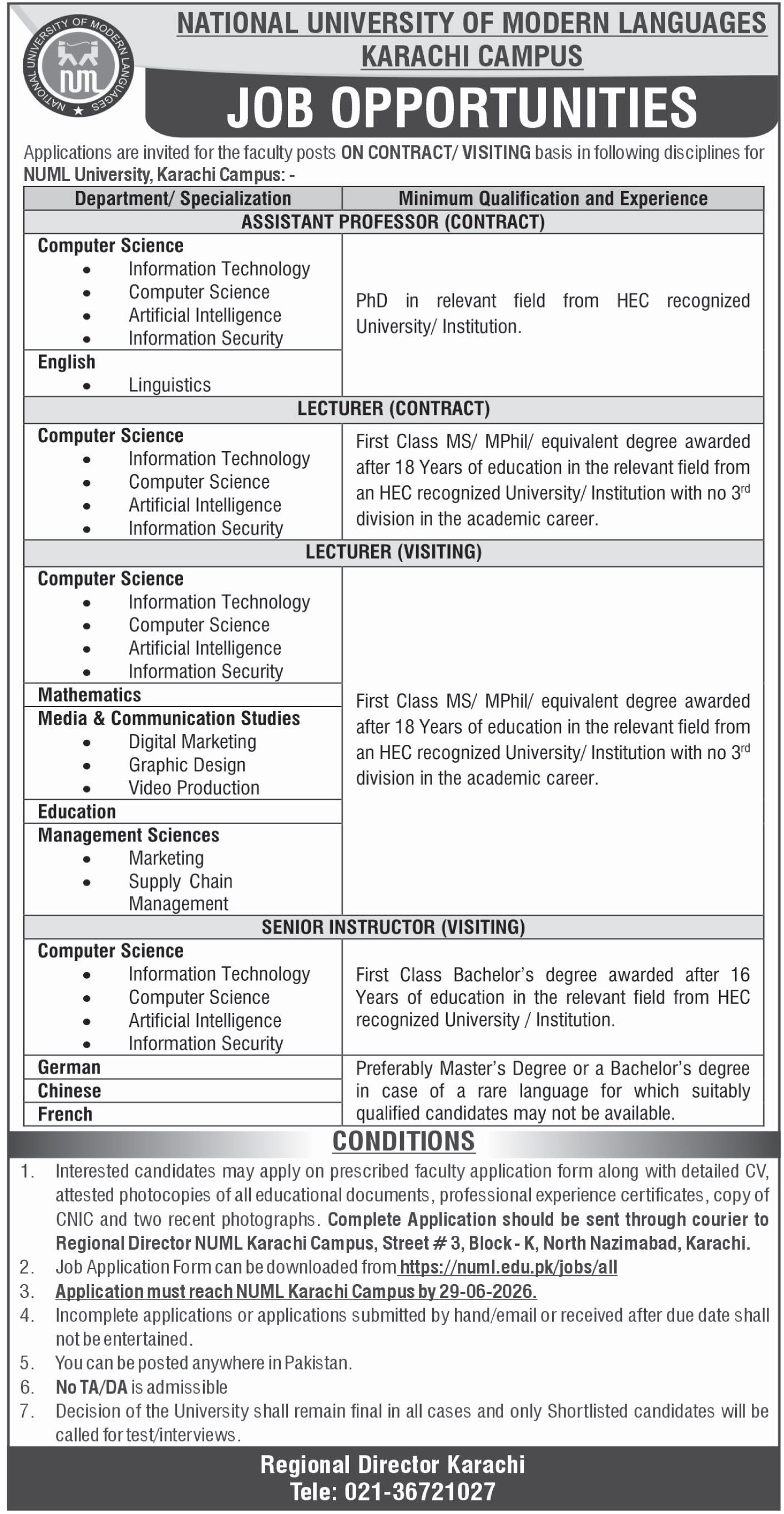 National University Of Modern Languages Karachi Jobs — original advertisement