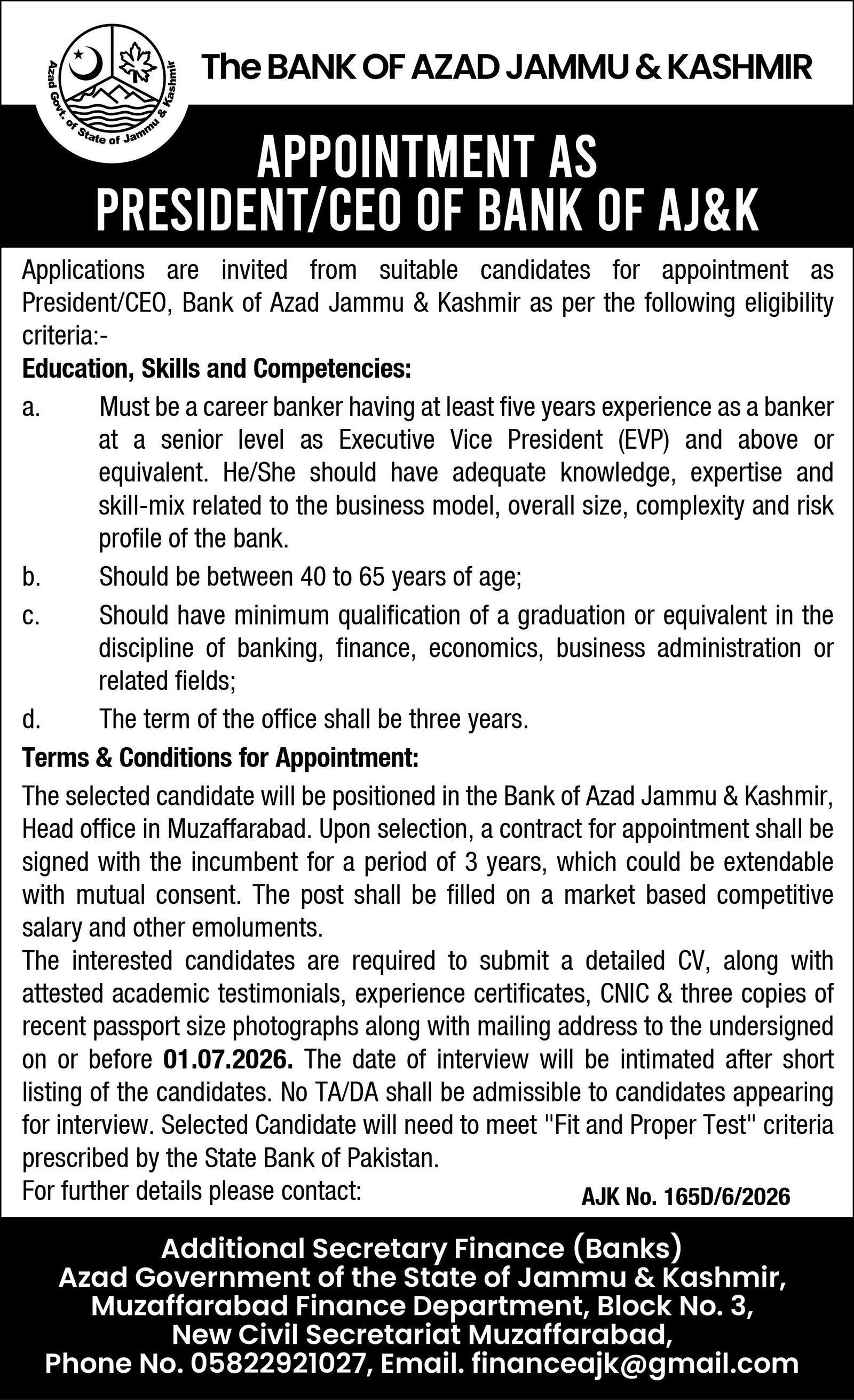 Bank Of Azad Jammu & Kashmir Muzaffarabad Job 2026 — original advertisement
