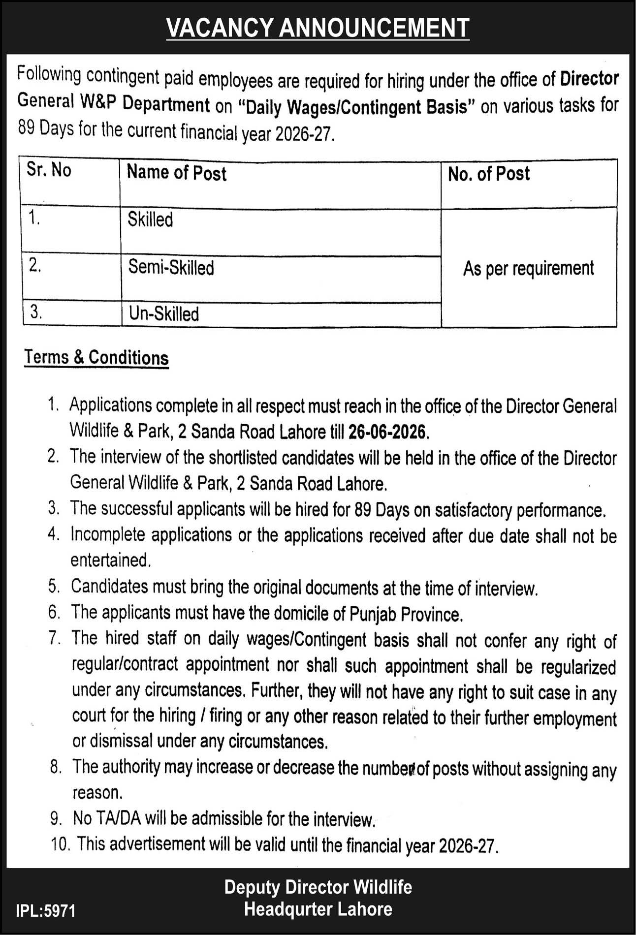 Punjab Wildlife & Parks Department Lahore Jobs 2026 — original advertisement