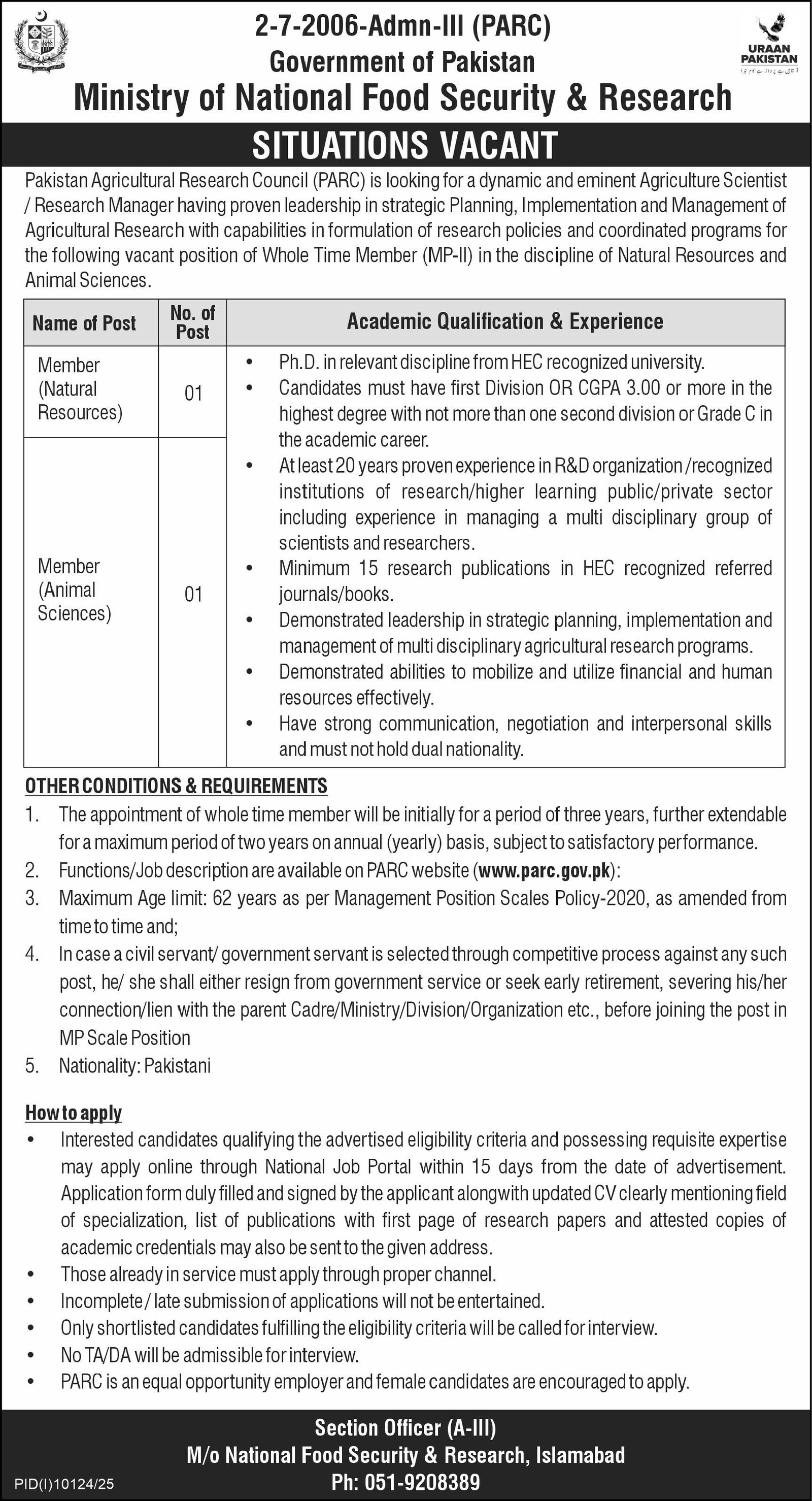Ministry Of National Food Security & Research MNFSR Job 2026 — original advertisement