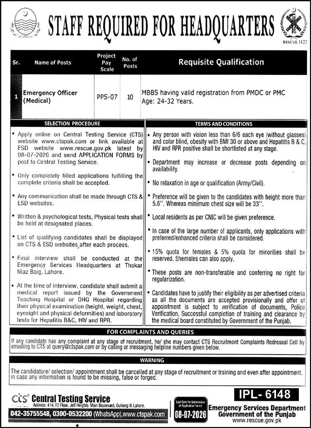 Punjab Emergency Service Department Lahore Job 2026 — original advertisement