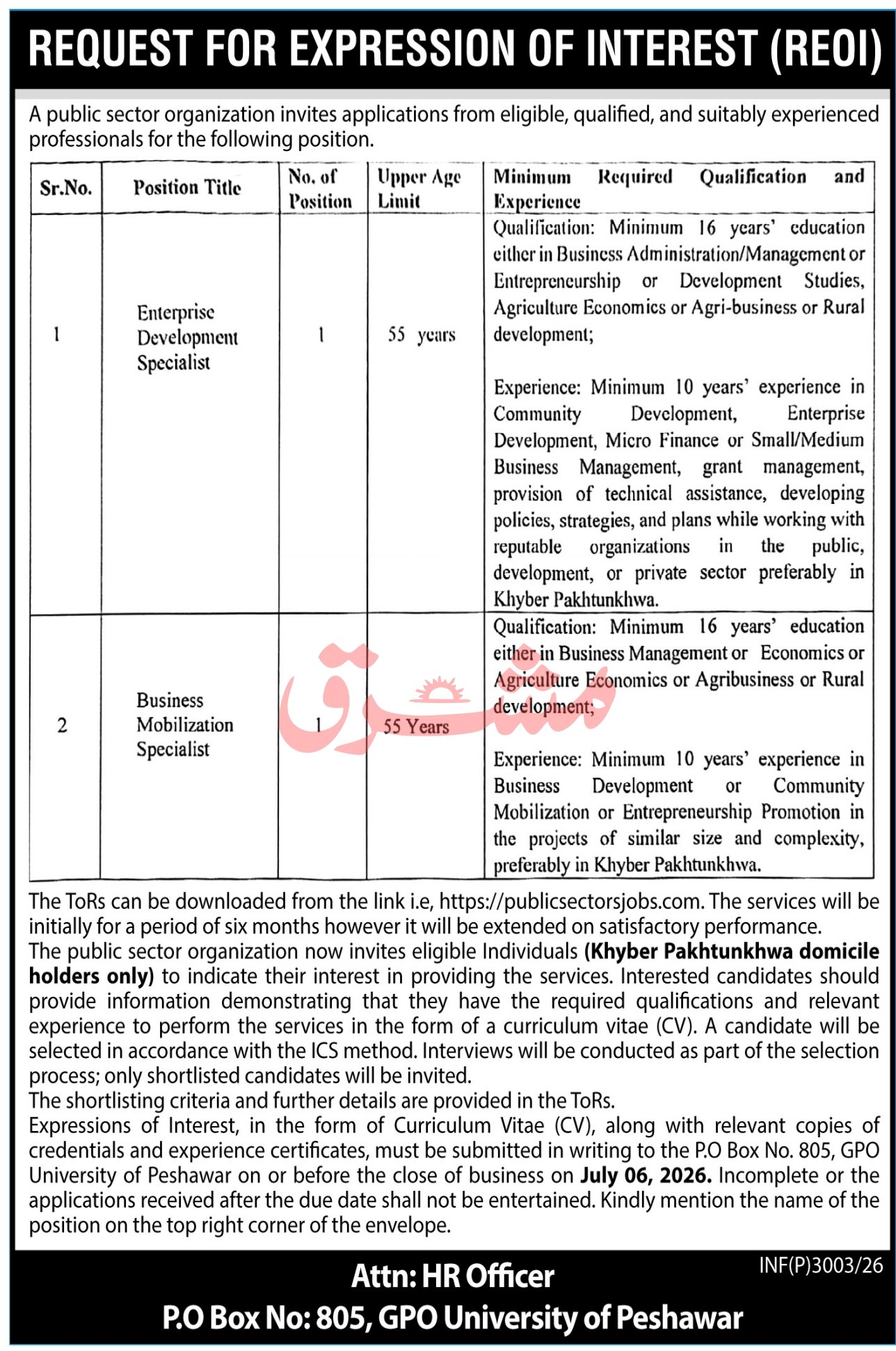 Public Sector Organization Peshawar Jobs 2026 — original advertisement