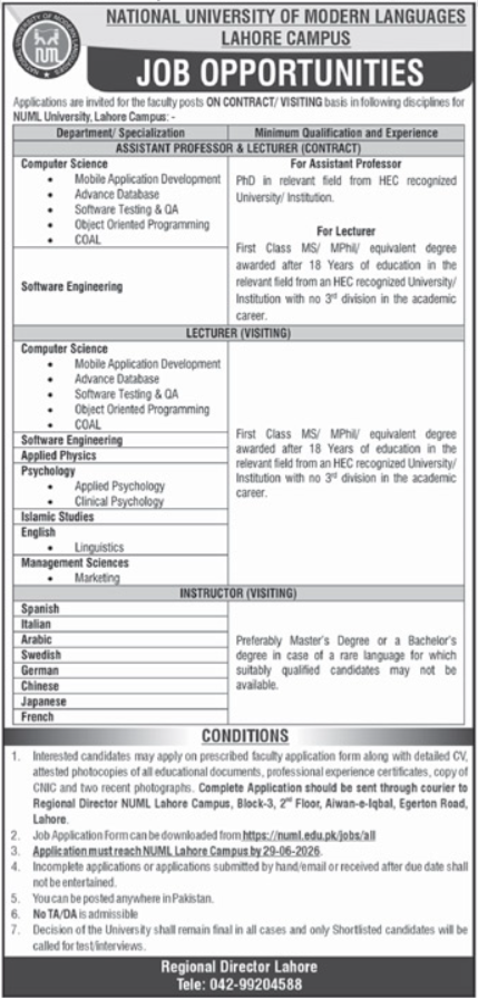 National University Of Modern Languages Lahore Job — original advertisement