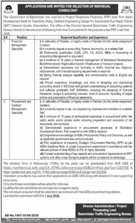 Balochistan Traffic Engineering Bureau BTEB Quetta Jobs 2026 — original advertisement