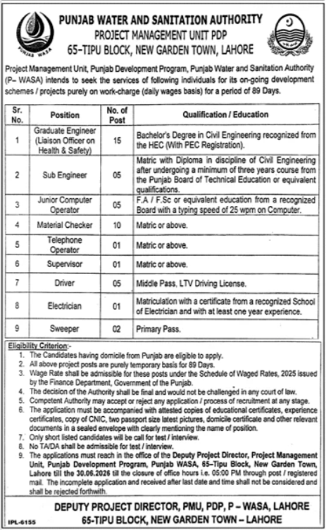 Punjab Water And Sanitation Authority Lahore Jobs 2026 — original advertisement