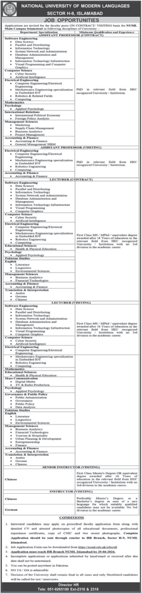 National University Of Modern Languages Islamabad Jobs 2026 — original advertisement