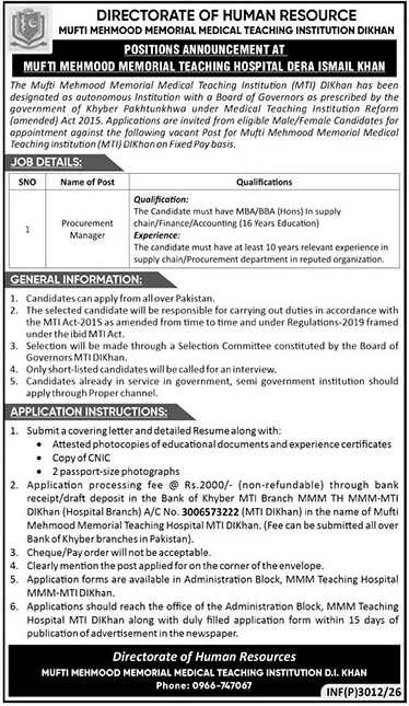 Mufti Mehmood Memorial Teaching Institution DI Khan Job 2026 — original advertisement