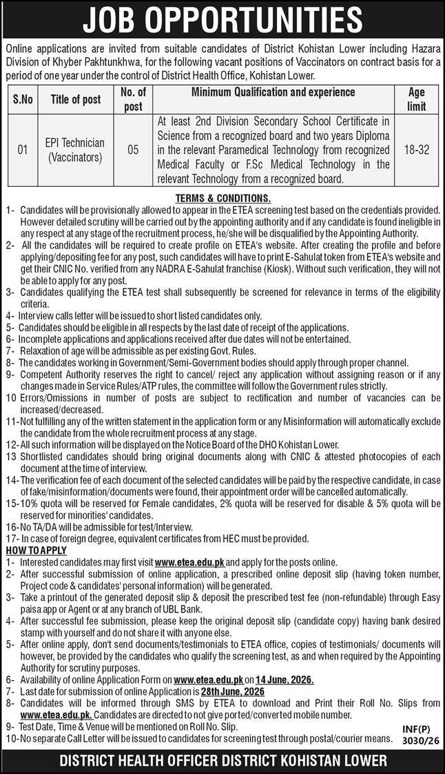 District Health Officer DHO Kohistan Lower Jobs 2026 — original advertisement