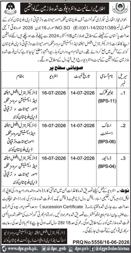 Livestock & Dairy Development Department Quetta Job Intervie — original advertisement