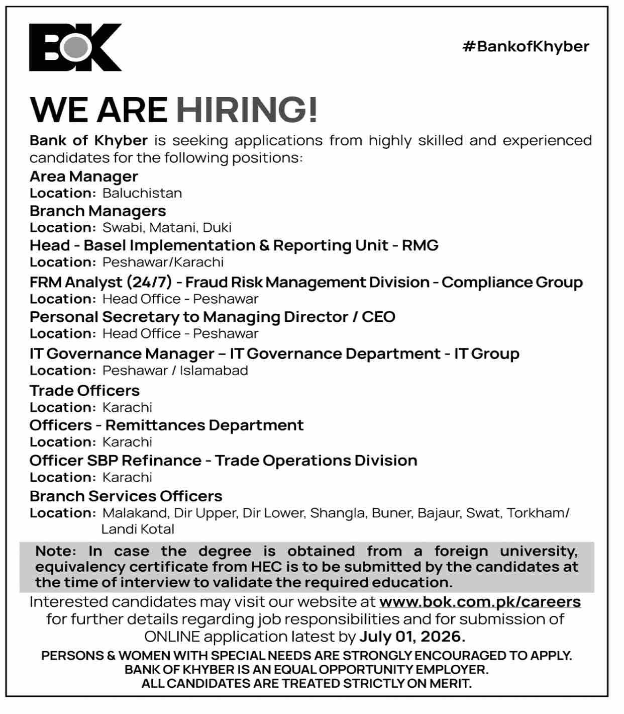 The Bank Of Khyber BOK Duki Jobs 2026 — original advertisement