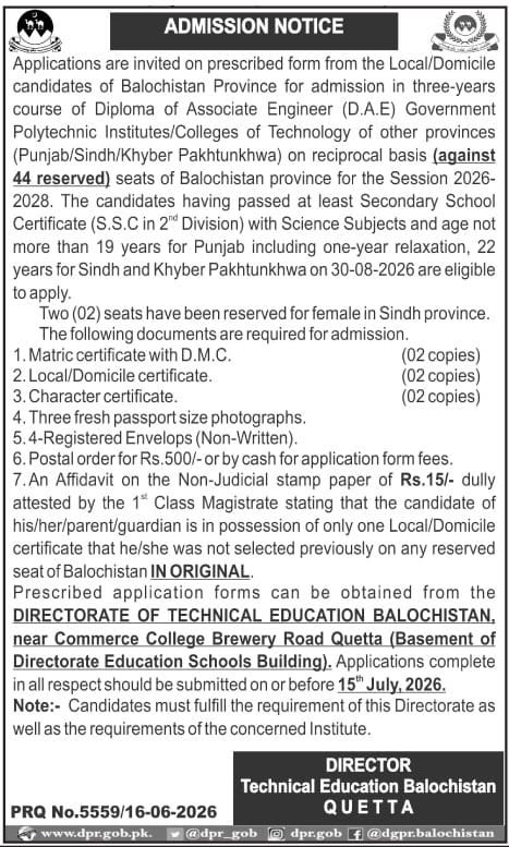 Admission Open in Technical Education Department 2026 — original advertisement