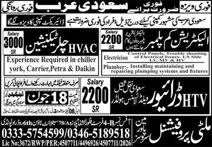Electrician & HVAC Chiller Technician Jobs 2026 Saudi Arabia — original advertisement