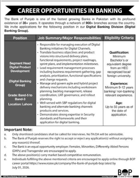 The Bank Of Punjab BOP Lahore Job 2026 — original advertisement