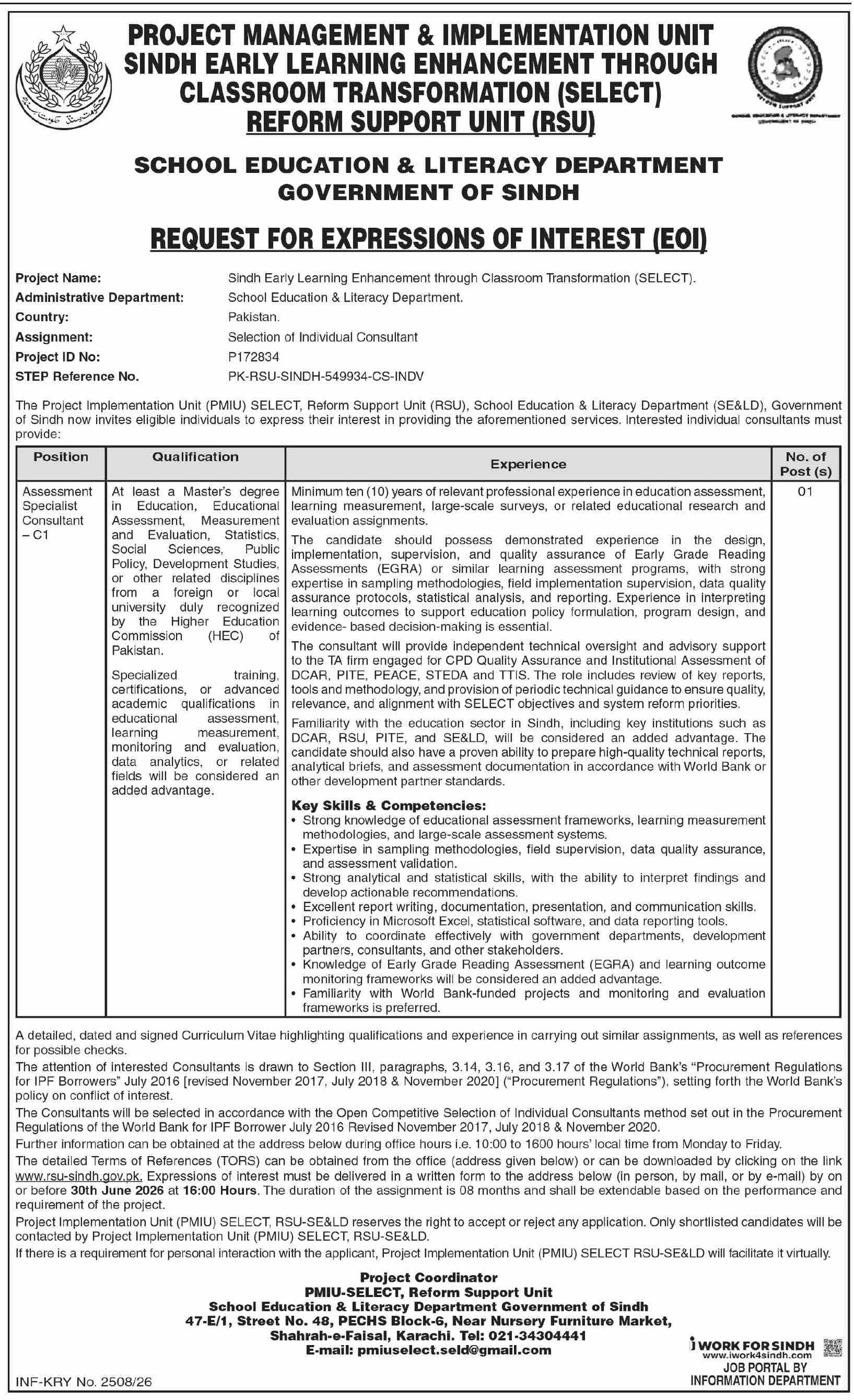 School Education & Literacy Department Karachi Job 2026 — original advertisement