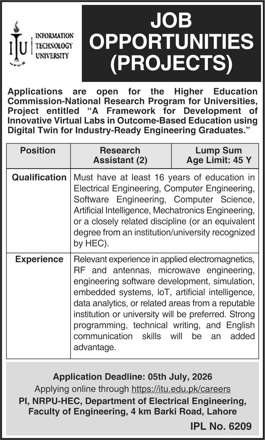 Information Technology University ITU Lahore Jobs 2026 — original advertisement