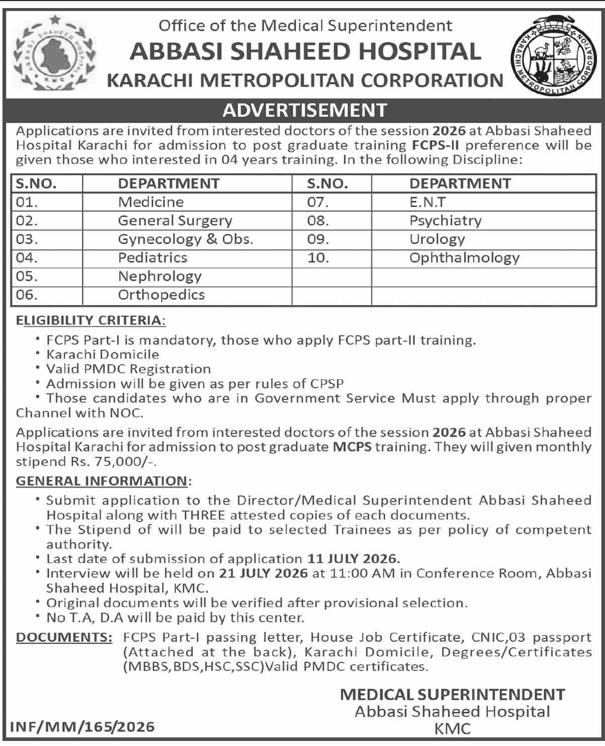 Abbasi Shaheed Hospital ASH Karachi Job 2026 — original advertisement