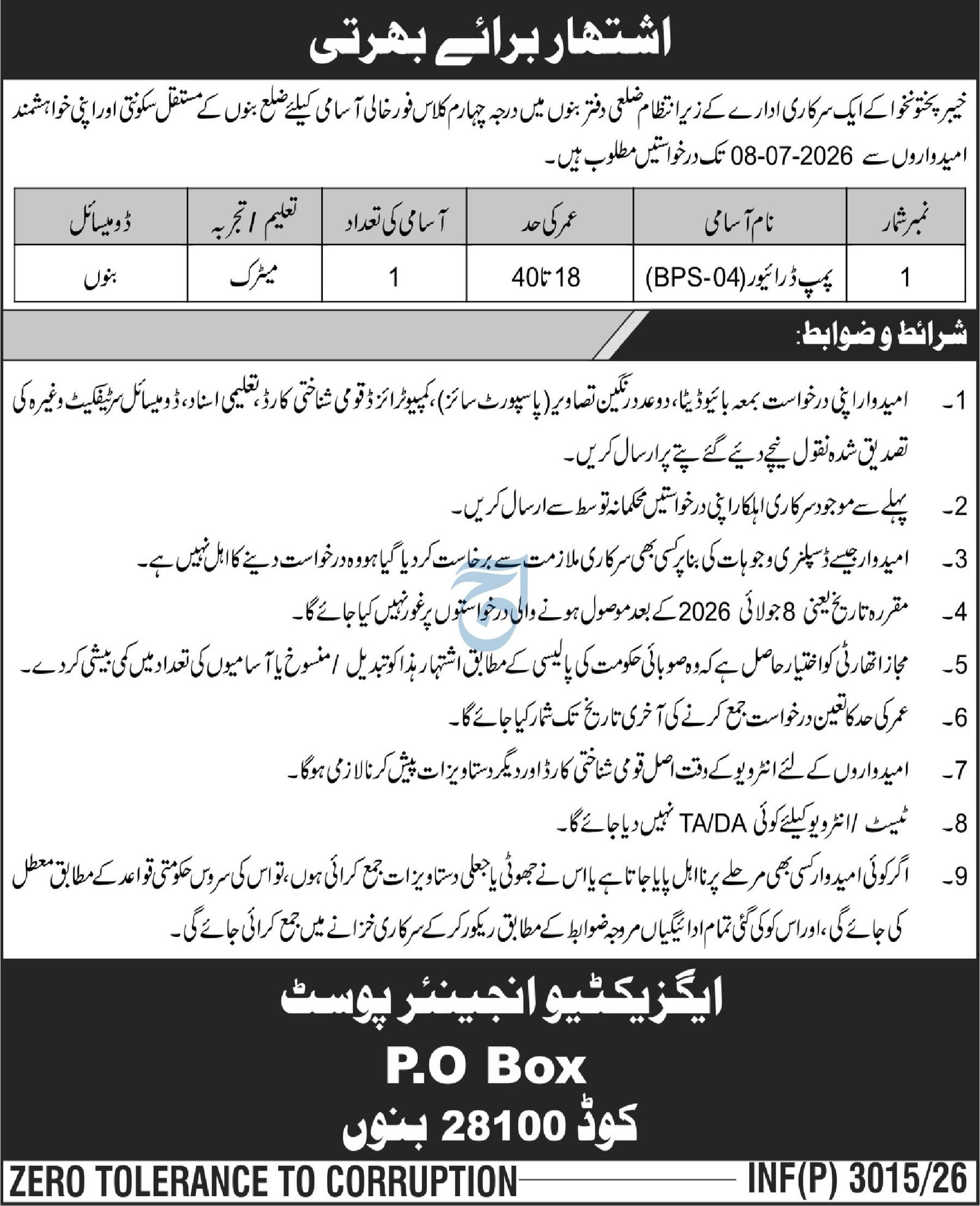 Government Organization Bannu Job 2026 — original advertisement