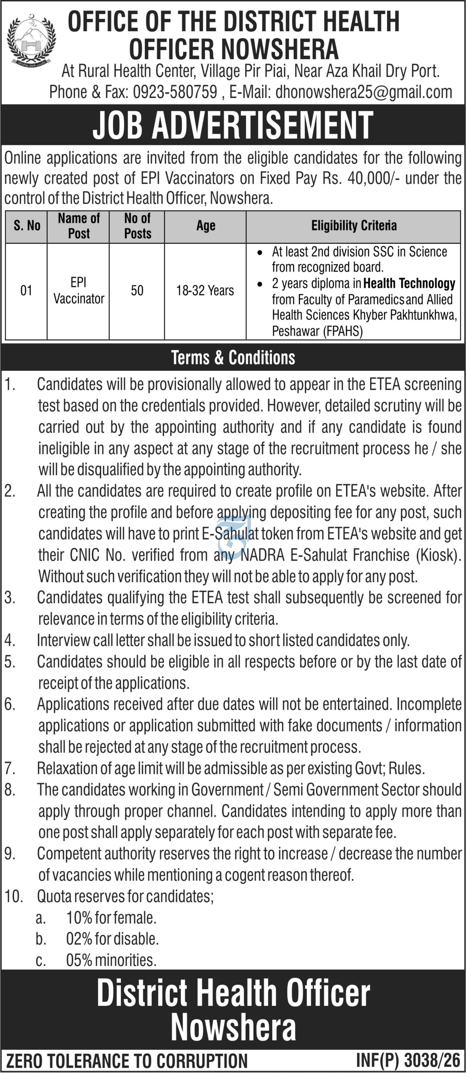 Office Of District Health Officer Nowshera Job 2026 — original advertisement