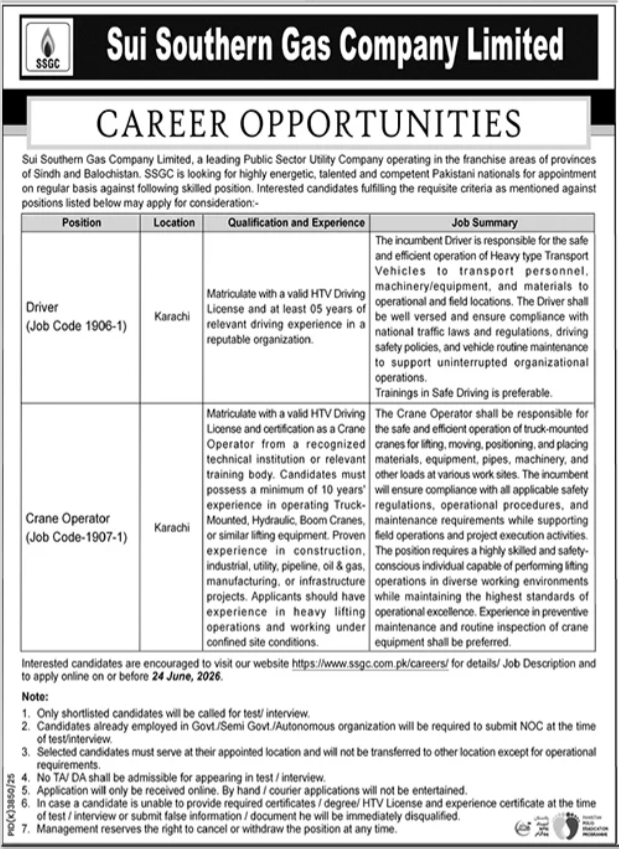 Sui Southern Gas Company Limited SSGC Karachi Jobs — original advertisement