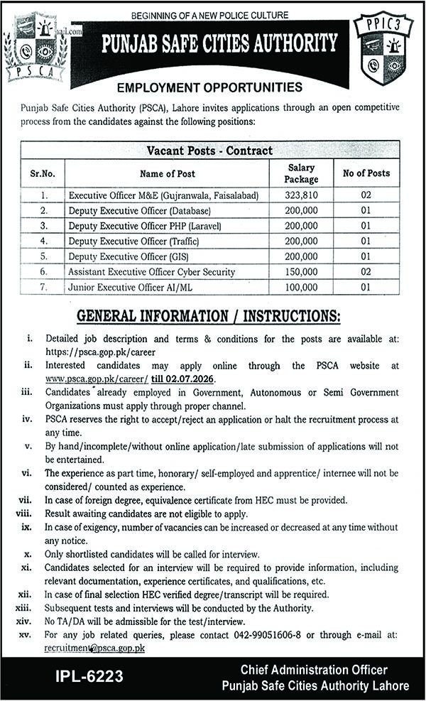 Punjab Safe Cities Authority PSCA Lahore Jobs 2026 — original advertisement