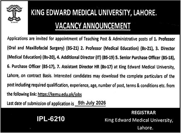 King Edward Medical University Lahore Jobs 2026 — original advertisement