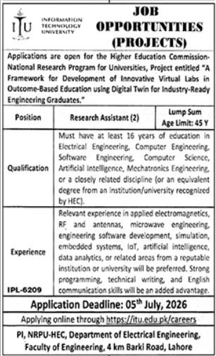 Information Technology University ITU Lahore Job 2026 — original advertisement