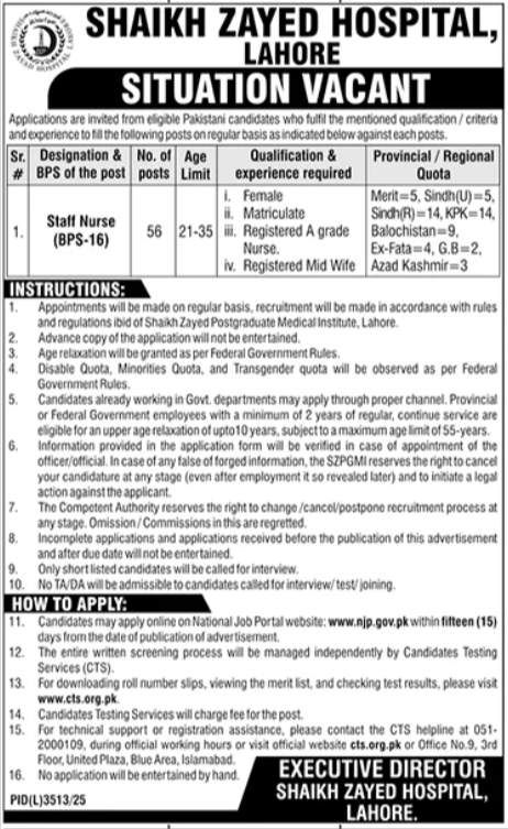 Shaikh Zayed Hospital Lahore Job 2026 — original advertisement