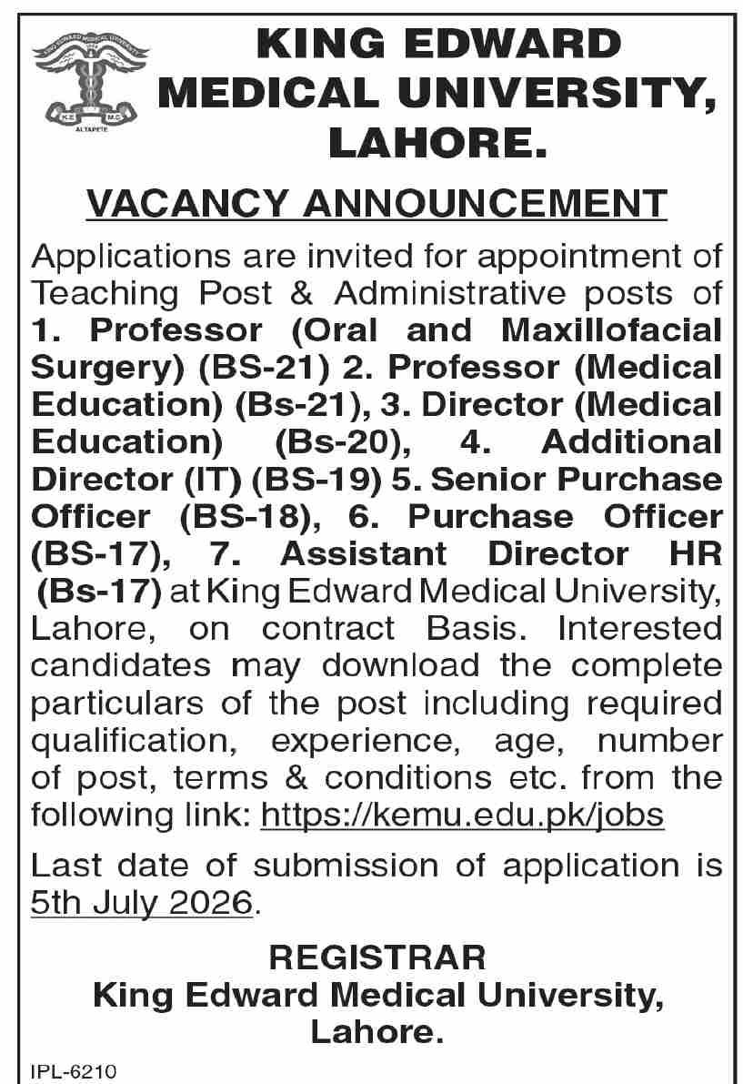 King Edward Medical University Lahore Jobs 2026 — original advertisement
