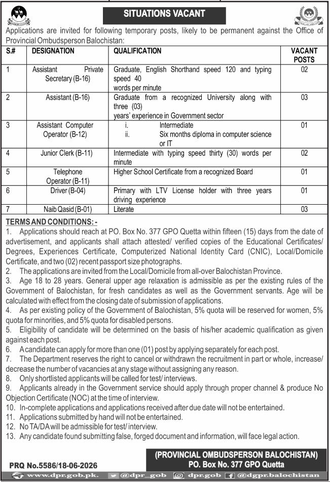 Office Of The Provincial Ombudsperson Quetta Jobs 2026 — original advertisement