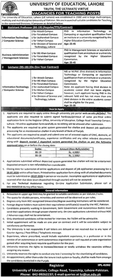 University Of Education Lahore Jobs 2026 — original advertisement