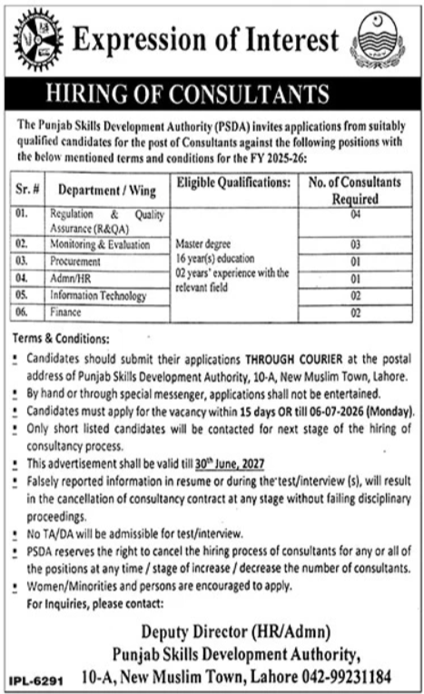 Punjab Skills Development Authority PSDA Lahore Job 2026 — original advertisement