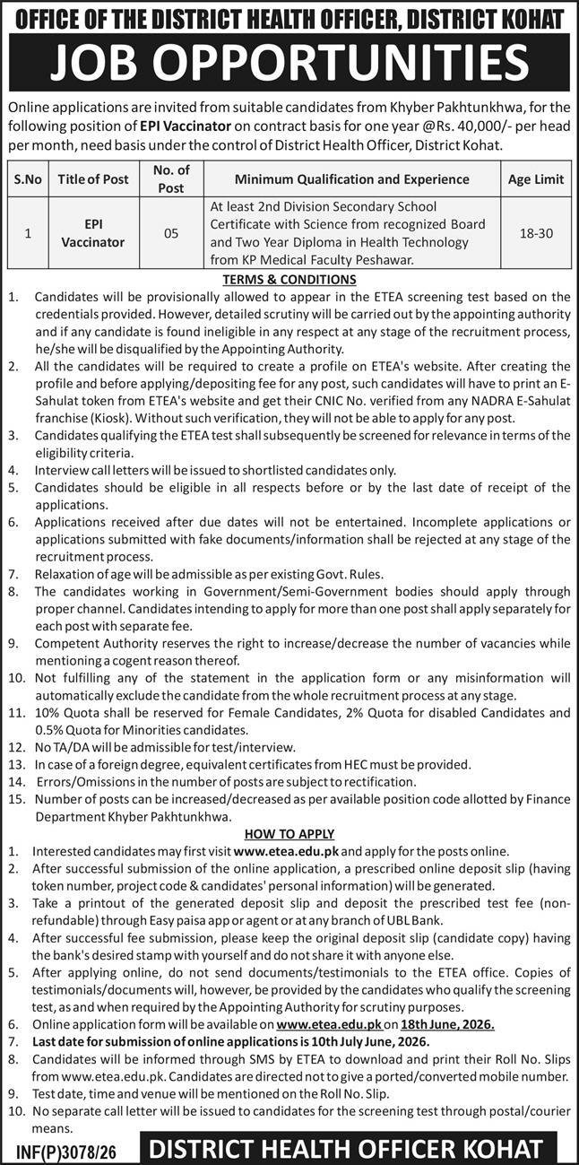 District Health Officer DHO Kohat Jobs 2026 EPI Vaccinator — original advertisement