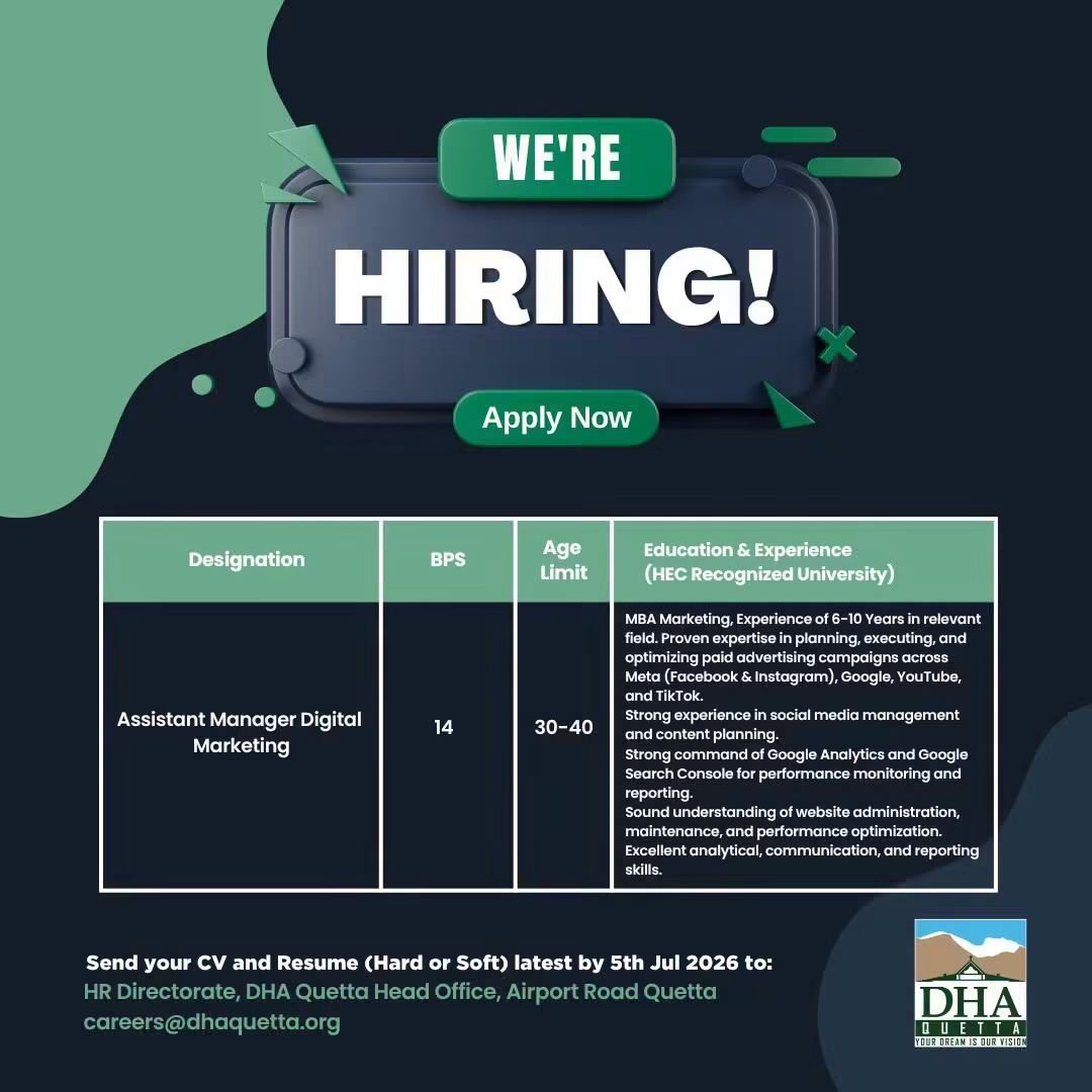 Defence Housing Authority Dha Quetta Jobs 2026 — original advertisement