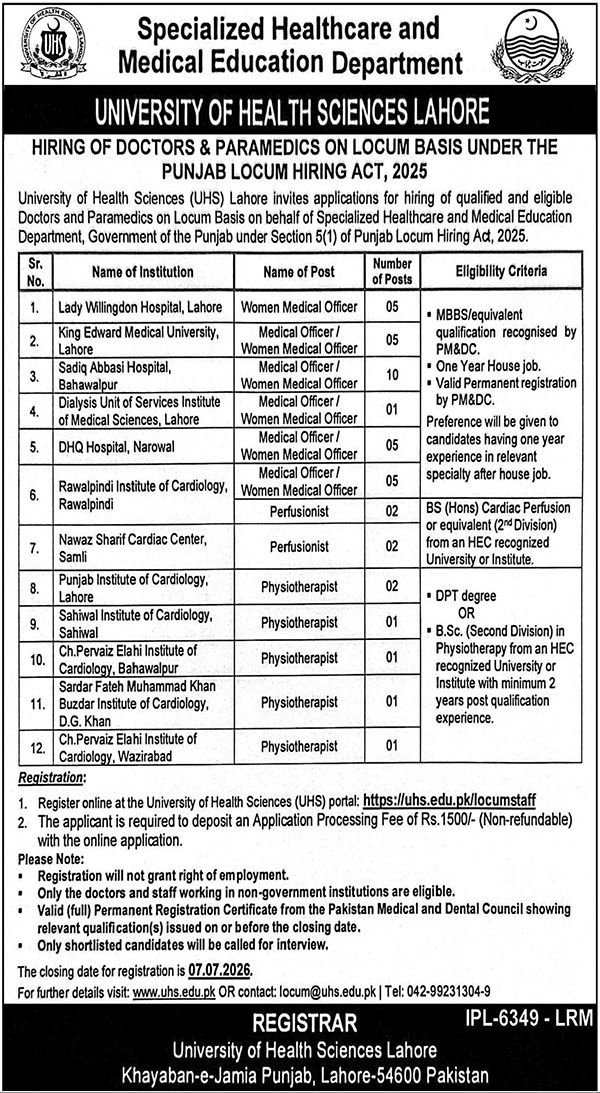 University Of Health Sciences Lahore Jobs 2026 — original advertisement